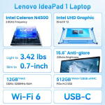 Lenovo IdeaPad 1 15.6" Laptop, Intel, 8GB RAM, 128GB eMMC + 128GB SSD, Windows 11, Gray