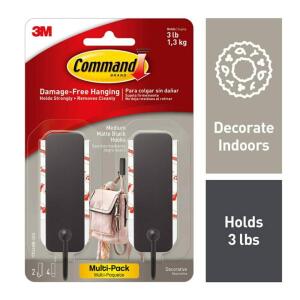 Command Medium Decorative Hooks, Matte Black, Damage Free Decorating, 2 Hooks and 4 Strips (17034MB-2ES)