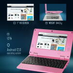 NBD 7" Android 12 Laptop, Quad Core, WiFi, Webcam, Bluetooth, Mini Laptop for Kids with Bag, Mouse, Pad (Pink)
