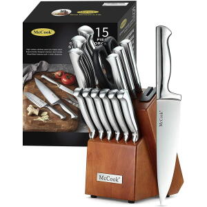 15 Pieces McCook MC29 Knife Sets German Stainless Steel Kitchen Knife Block Sets with Built-in Sharpener