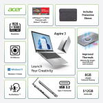 Acer Aspire 3 15.6", Ryzen 5-7520U, 8GB RAM, 512GB SSD, Pure Silver