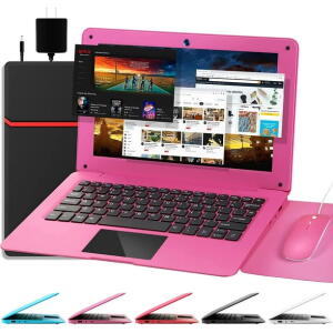 NBD 10.1" Android 12.0 Laptop, Quad-Core, 2GB RAM, 64GB Storage, Mini Netbook for Kids, with Bag, Mouse, and Mouse Pad (Pink)