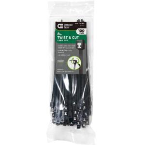 Commercial Electric 8in Twist and Cut UL Listed UV Resistant Cable Zip Ties 100 Pack UV (Black) (GTSC-200STUV (100))