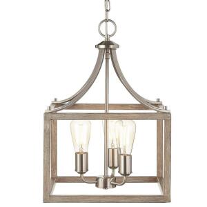 Hampton Bay Boswell Quarter 14 in. 3-Light Brushed Nickel Farmhouse Square Chandelier with Painted Weathered Gray Wood Accents (7948HDCDI)
