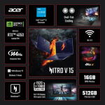 Acer Nitro V 15.6" FHD 144Hz Gaming Laptop, i5-13420H, RTX 4050, 16GB RAM, 512GB SSD, Black, Windows 11