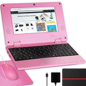 NBD 7" Android 12 Laptop, Quad Core, WiFi, Webcam, Bluetooth, Mini Laptop for Kids with Bag, Mouse, Pad (Pink)
