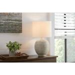 Hampton Bay 22 in. Finch Distressed White Ribbed Table Lamp with White Linen Shade