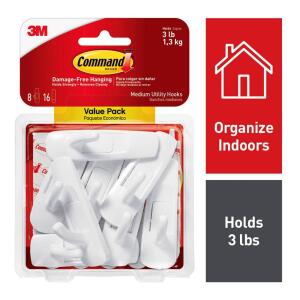 Command Medium Utility Hooks, White, Damage Free Organizing, 8 Hooks and 16 Command Strips (17001-8ES)