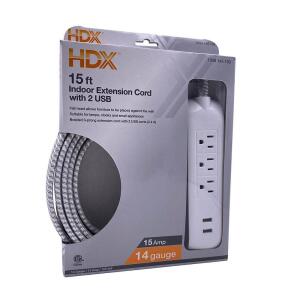 HDX 15 ft. 14/3 Light Duty Indoor Braided Extension Cord with 2 USB-A and 3 Outlets, Grey/White (FSEX28)