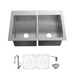 Glacier Bay Dolancourt 33 in. Drop-In 50/50 Double Bowl Kitchen Sink with Pull-Down Faucet, 18 Gauge Stainless Steel, Tight Radius (VDR3322A0PA1)