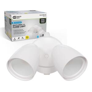 Commercial Electric Dusk to Dawn Sensor White Exterior Outdoor Twin Head LED Flood Light Security 1200 to 2400 Lumens 4000K Wet Rated (51405192)