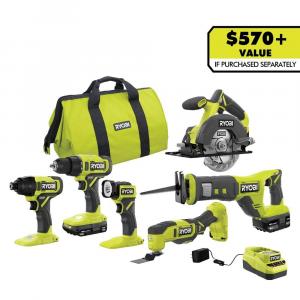 RYOBI ONE+ 18V Cordless 6-Tool Combo Kit with 1.5 Ah Battery, 4.0 Ah Battery and Charger (PCL1600K2)