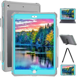 Transy Waterproof iPad 9th /8th/7th Generation Case Built-in Screen Protector Full Body Shockproof Protection Case with Strap (Blue)