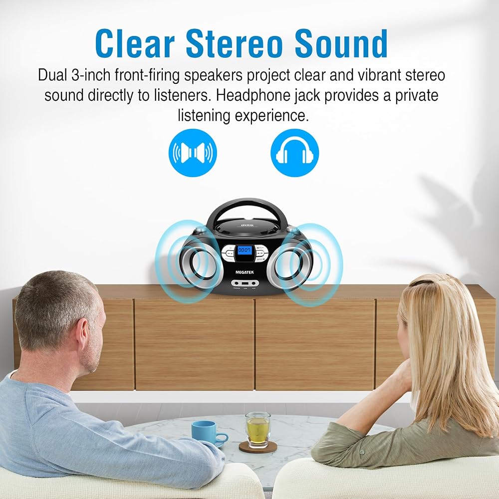 MEGATEK Portable CD Player Boombox with Bluetooth & FM Radio - Image 3