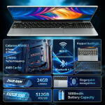 KUU 15.6" Laptop, Intel Celeron, 24GB RAM, 512GB SSD, FHD 1080p, Windows 11