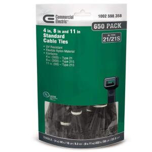 Commercial Electric 4in, 8in, 11in, Standard UL 21S Rated UV Resistant Cable Zip Ties 650 COMBO Pack UV (Black) ( 4+8+11in UV tie)