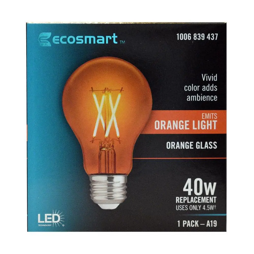 EcoSmart 40-Watt Equivalent A19 Dimmable Filament Orange Colored Glass LED Light Bulb - 1 Pack