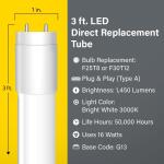 Feit Electric 16-Watt 3 ft. T8/12 G13 Type A Plug and Play Linear LED Tube Light Bulb, Bright White 3000K, 1 Bulb (T36/830/LEDG2/RP)