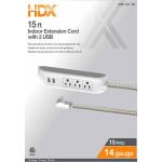 HDX 15 ft. 14/3 Light Duty Indoor Braided Extension Cord with 2 USB-A and 3 Outlets, Grey/White (FSEX28)