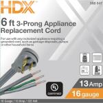 HDX 6 ft. 16/3 13 Amp 3-Prong Appliance Replacement Cord, Grey (HD#588-547)