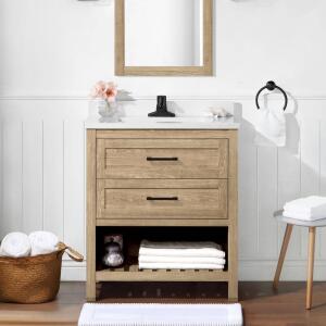 Home Decorators Collection (Assembled) Autumn 30 in. Single Sink Weathered Tan Bath Vanity with White Engineered Stone Top