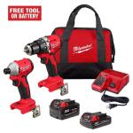Milwaukee M18 18-Volt Lithium-Ion Brushless Cordless Compact Hammer Drill/Impact Combo Kit (2-Tool) with (2) Batteries, Bag (3693-22CX)