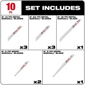 Milwaukee SAWZALL (10-Piece) Wood and Metal Cutting Bi-Metal Reciprocating Saw Blade Set