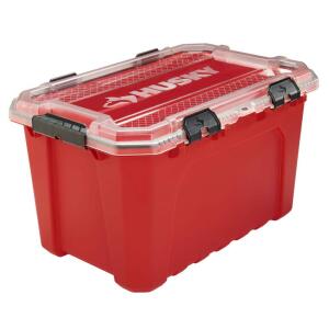 Husky 20-Gal. Professional Heavy Duty Waterproof Stackable Plastic Storage Container with Hinged Lid in Red (246842)