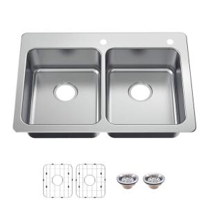 Glacier Bay Bratten 33 in. 50/50 Double Bowl Drop-In Kitchen Sink with Accessories, 18 Gauge Stainless Steel (VT3322TA0ACC)