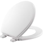 Bemis Jamestown Round White Closed Front Toilet Seat Made of Enameled Wood, Featuring a Never-Loosen Design, Adjustability, and Soft Close.