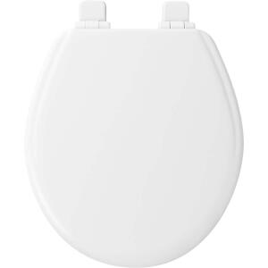 Bemis Jamestown Round White Closed Front Toilet Seat Made of Enameled Wood, Featuring a Never-Loosen Design, Adjustability, and Soft Close.