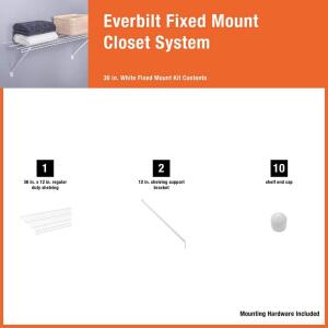 Everbilt 36 in. W to 36.82 in. W x 12 in. White Fixed Mount Shelf Kit Adjustable Wire Closet System (90219)